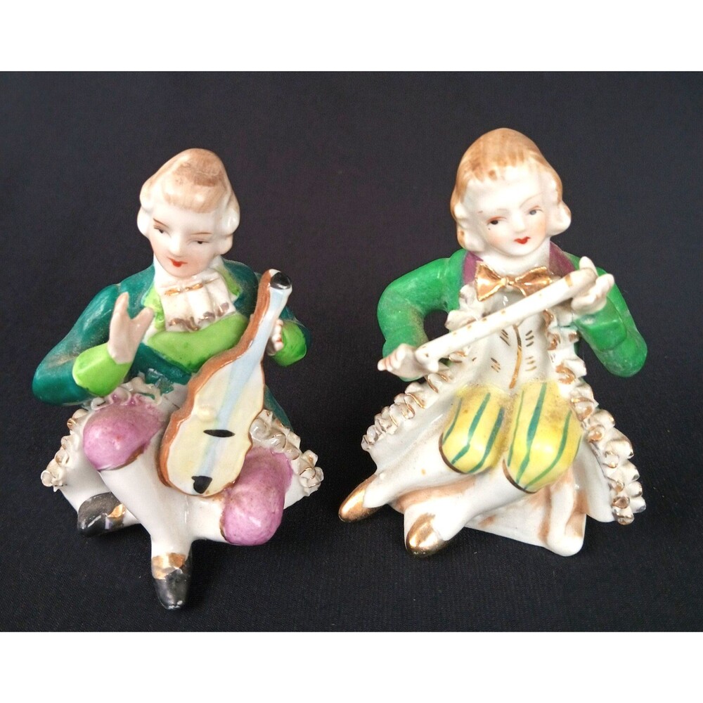 Vintage Porcelain Victorian Figurines Playing Musical Instruments Japan 3" Tall